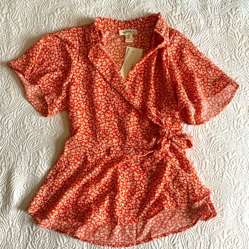burnt orange floral blouse with waist tie